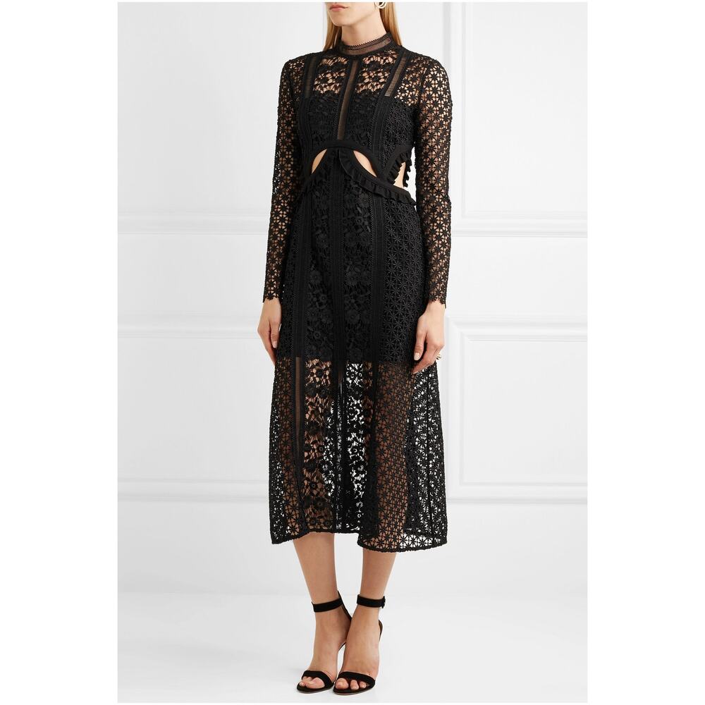 Self Portrait Guipure Lace Midi Dress Black Cutouts Flounce Hem Long Sleeve Sz 0